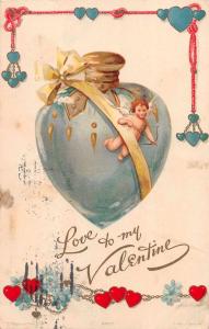 Valentines Greetings Cupid with Blue Heart Shaped Bottle Nister Postcard J77321