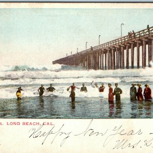 1904 Long Beach, Cali. Big Breakers Waves Pier Postcard Girl Swim in Dresses A37