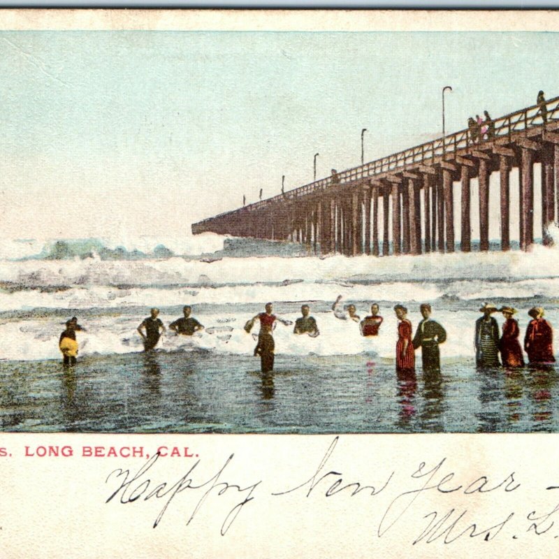1904 Long Beach, Cali. Big Breakers Waves Pier Postcard Girl Swim in Dresses A37