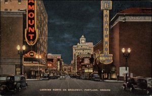 Portland Oregon OR Broadway Theatre Night Street Scene Vintage Postcard