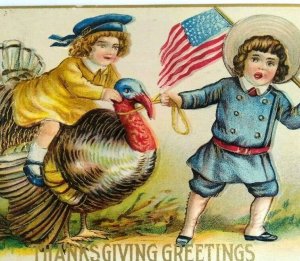 Paitrotic Children US Flag Riding Turkey Victorian Thanksgiving Holiday Postcard