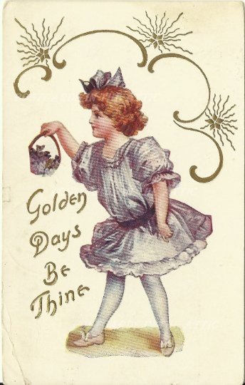 Victorian Girl with Basket full of Purple Violets Golden Days Be Thine