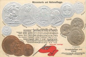 B562 Numismatics postcard Great Britain national flag and embossed coinage 1900s