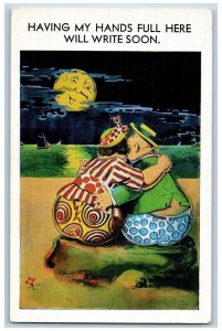 Humor Postcard Fat Couple Romance Having My Hands Full Anthropomorphic Moon