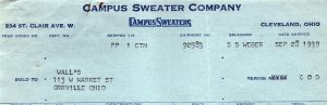 1939 CAMPUS SWEATER COMPANY CLEVELAND OH WALL'S ORRVILLE BILLHEAD INVOICE Z997