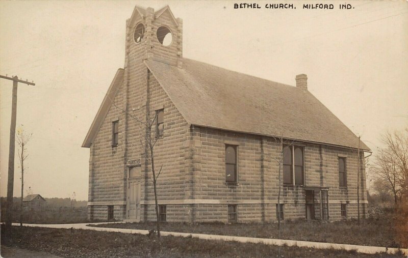 Milford Indiana~Belltower~Big Brick Bethel Brethren Church~RPPC 1908 Postcard 