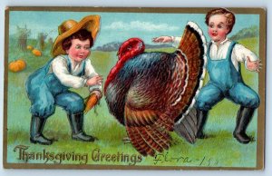 Schenectady NY Postcard Thanksgiving Greetings Boys With Corn Caching Turkey