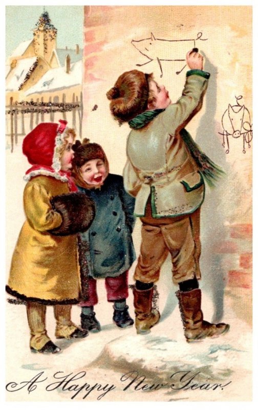 Children , New year , drawing animals on Wall