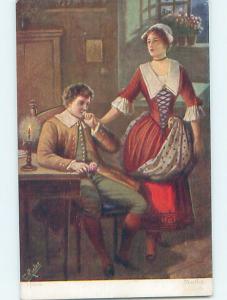 Pre-Linen foreign signed WOMAN AND PRETTY RED DRESS BESIDE HUSBAND HL8307