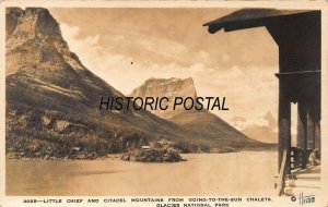GLACIER PARK~LITTLE CHIEF & CITADEL FROM GOING CHALETS~1930s REAL PHOTO POSTCARD