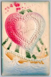 1910 TO MY VALENTINE HEART SAILBOAT EMBOSSED AIRBRUSHED ANTIQUE POSTCARD