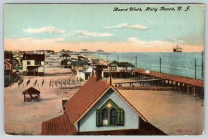 1910's ERA HOLLY BEACH NEW JERSEY*NJ*BOARD WALK*COTTAGES*SHIP*ANTIQUE POSTCARD