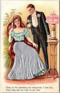 Man, Woman with Foil Embossed Skirt, There in the Gloaming Vintage Postcard M09