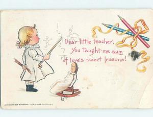 Pre-1907 signed CUTE GIRL IS THE SCHOOLTEACHER FOR HER DOLL J3722