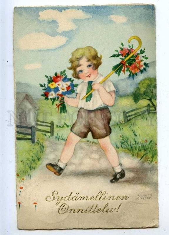 206777 GREETING Boy Flowers by Hannes PETERSEN vintage PC