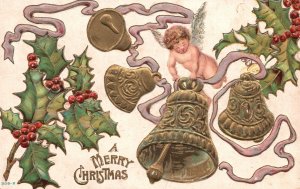 Vintage Postcard A Merry Christmas Angel And Bells Holiday Season's Greeting