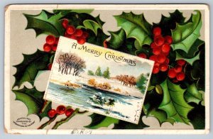 A Merry Christmas, Winter Scene, Holly, Antique 1908 Postcard, Niskayuna NY DPO