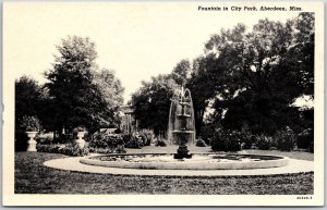 Aberdeen Mississippi, Fountain in City Park, Black and White, Vintage Postcard
