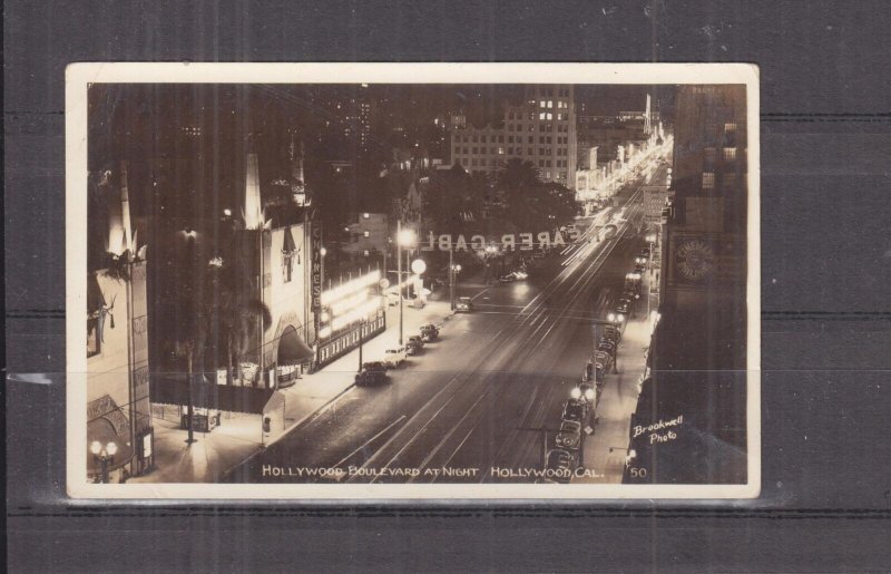 HOLLYWOOD, CALIFORNIA, HOLLYWOOD BOULEVARDE AT NIGHT, c1940 real photo ppc.