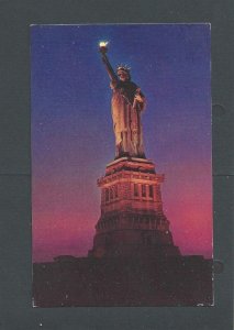 Post Card NY The Statue Of Liberty Lit-Up At Night