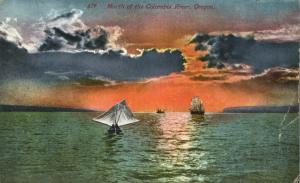 Sail Boat and Sailing Ship at Sunset Mouth of Columbia River Oregon pm 1912 - DB