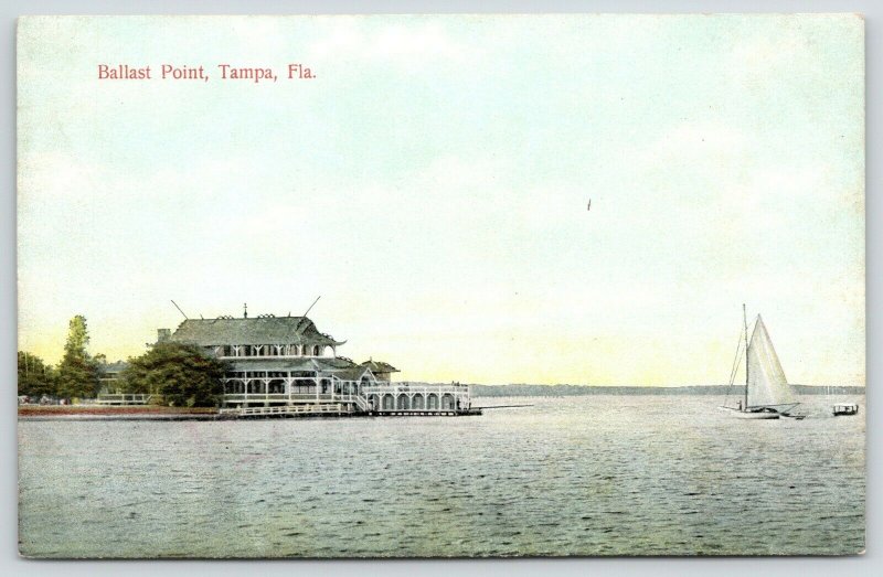 Tampa FL~Ballast Point Resort Hotel Casino~Sailboat Out From Landing Dock~c1910 