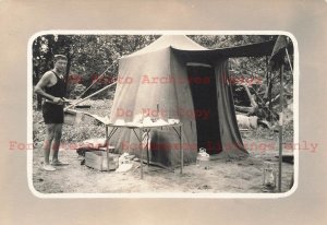 Unknown Location, RPPC, Young Man in Shorts Camping with a Tent