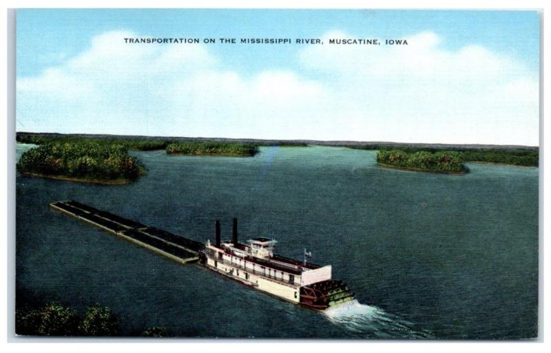 Mid-1900s Barge Traffic on the Mississippi River, Muscatine, Iowa Postcard