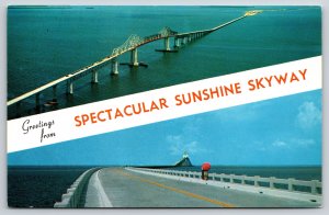Banner Greetings From The Florida Sunshine Skyway~15 Mi Bridge~Vintage Postcard