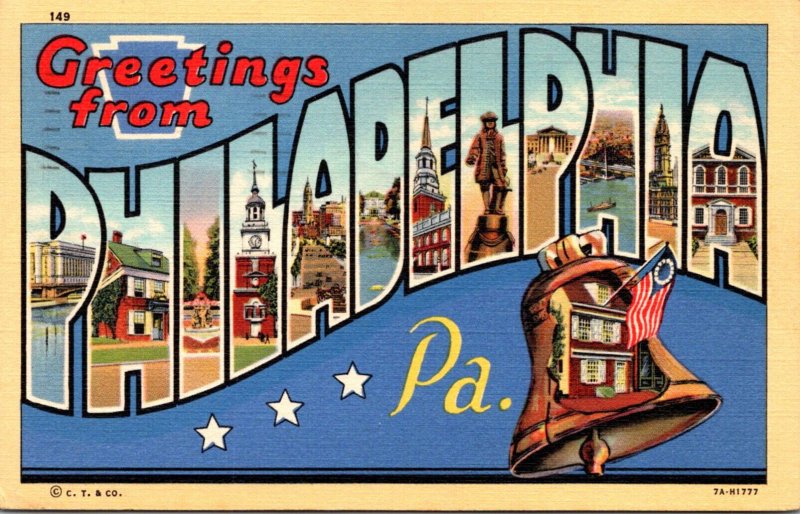 Pennsylvania Greetings From Philadelphia Large Letter Linen 1940 Curteich