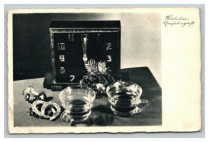 Vintage 1910's Photo New Year's Postcard Art Deco Clock Glasses of Alcohol COOL