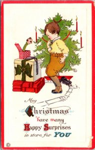 Christmas Postcard Little Boy Startled By Jack-In-The-Box Toy Train Tree