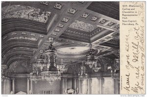 Elaborate Ceiling And Chandelier In Representative Hall, State Capitol, HARRI...