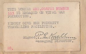 War Production Worker WW2 Needs Priority Travel MD Signed Old Card