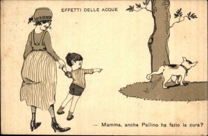 Antique Postcard ITALIAN COMIC Dog Peeing on Tree Mom w Cute Little Boy