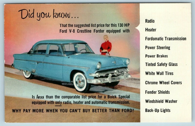 Postcard Automobile Car Dealer Advertising 1954 Ford V8 Crestline