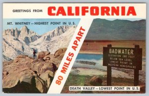 1950-60's GREETINGS FROM CALIFORNIA HIGHEST LOWEST POINTS IN US VINTAGE POSTCARD