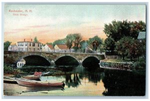 c1940's Stone Bridge Boats Docked River Rochester New Hampshire Vintage Postcard