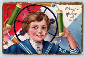 1911 Fourth Of July Boy With Firecrackers Anchor Embossed Antique Postcard