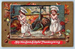 Thanksgiving Postcard Little Boys Preparing To Cook The Turkey c1910's Antique