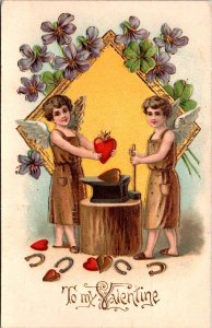 To My Valentine, Two Angels Forging Hearts on Anvil Embossed UDB Postcard W70