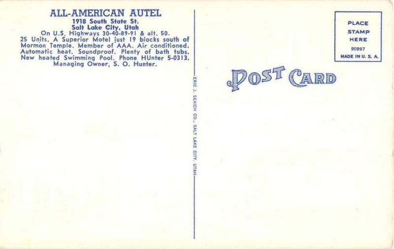 Salt Lake City Utah All American Autel Antique Postcard J53256