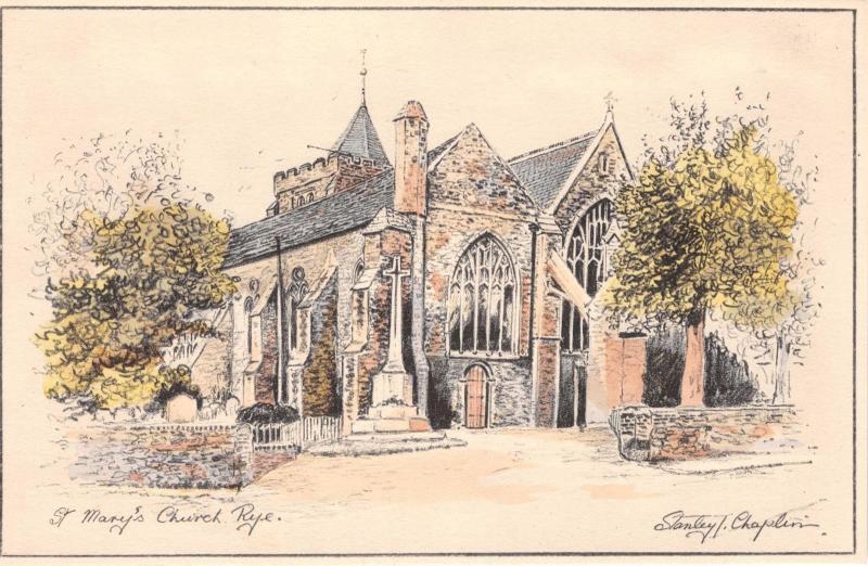 RYE SUSSEX UK RYE ST MARYS CHURCH~STANLEY T CHAPLIN ARTIST POSTCARD