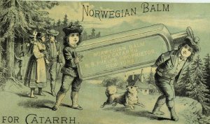 1870's-80's Norwegian Balm For Catarrh Boys Giant Bottle Fluffy Dog P100