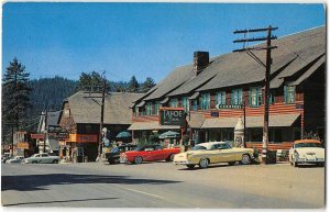 TAHOE CITY, CA 1950s Cars LAKE TAHOE Tahoe Inn Drug Store Frashers Postcard