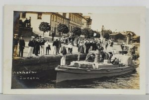 Vaxholm Sweden Real Photo c1900s US Navy Sailors Boats Postcard Q9