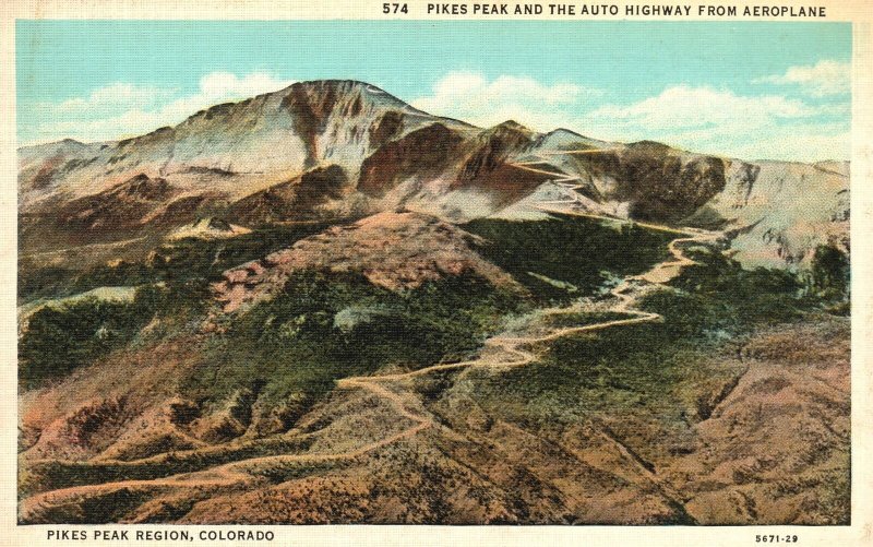 Vintage Postcard Pikes Peak Auto Highway From Aeroplane Pikes Peak Region CO