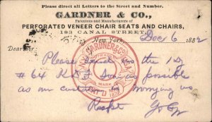 New York City Chairs Advertising GARDNER & CO. 183 canal St. c1880s Postal Card