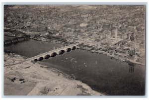 c1950 Memorial Bridge Aerial View Boat River Buildings Springfield MA Postcard