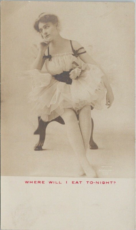 Woman Ballerina Dancer 'Where Will I Eat Tonight' Humour Real Photo Postcard G47